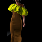 Woman wearing a dress with a bright green ruffled top on a black background