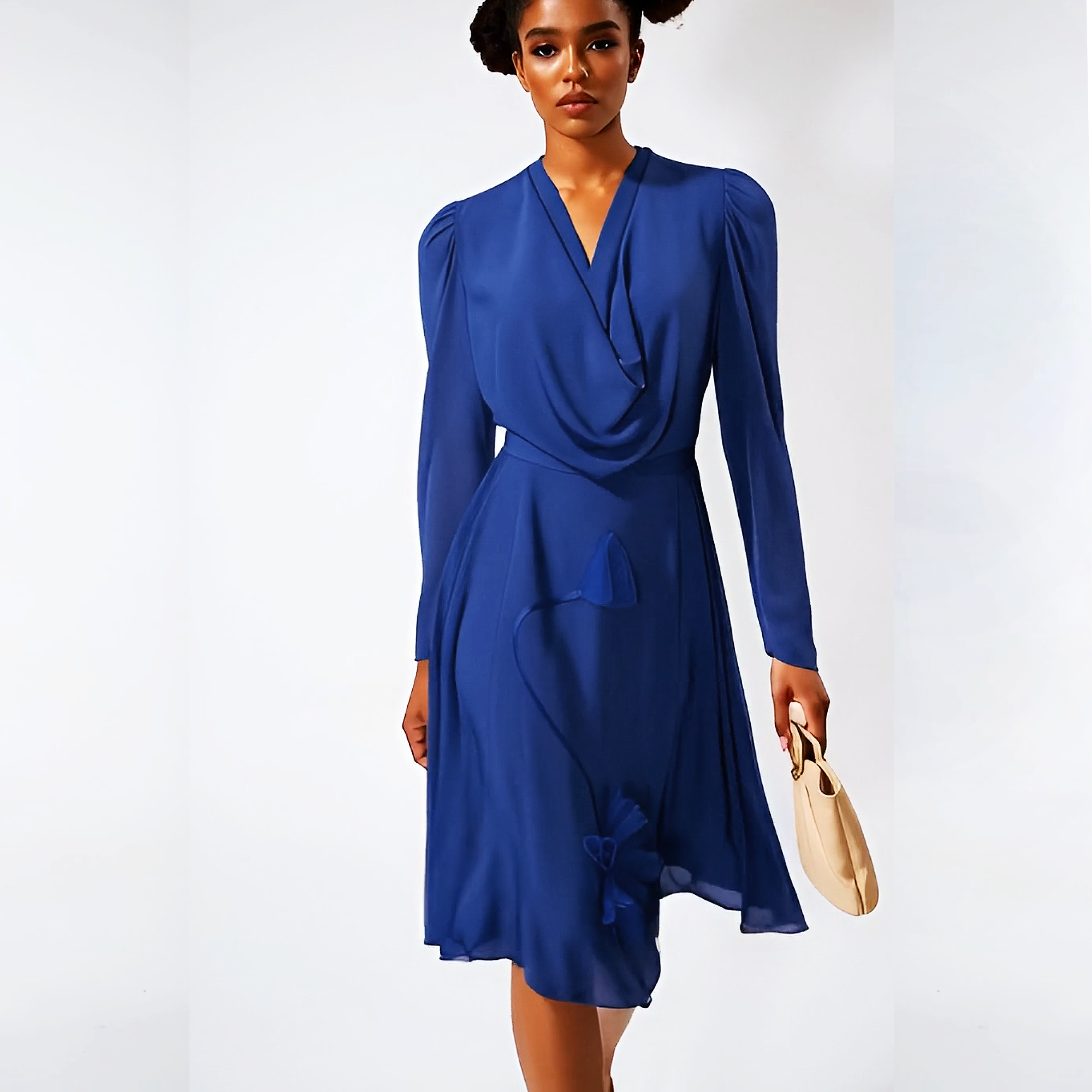 Woman wearing a blue dress holding a beige handbag on a white background
