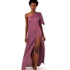 Woman wearing a one-shoulder purple gown on a white background