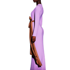 Purple dress with a brown belt on a white background