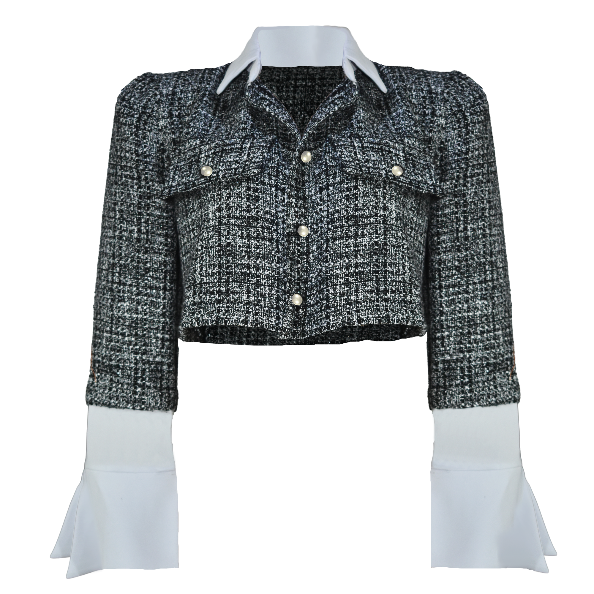 Black and white textured jacket with white shirt underneath on a white background