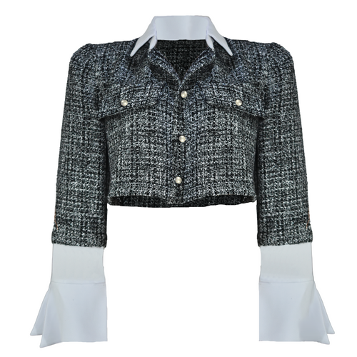 Black and white textured jacket with white shirt underneath on a white background