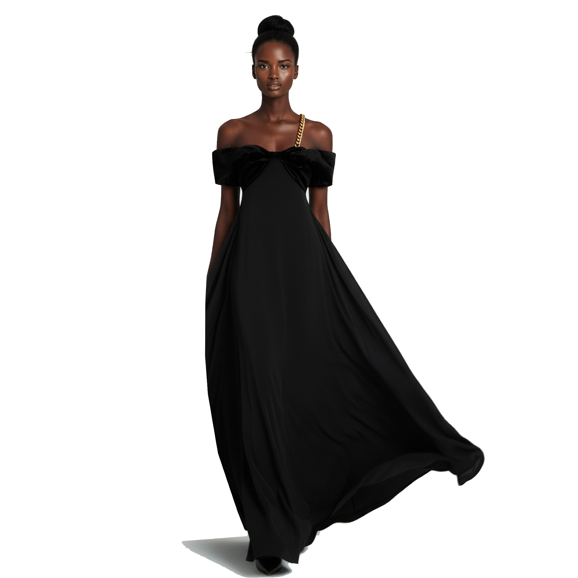 Woman wearing a black off-shoulder gown on a white background