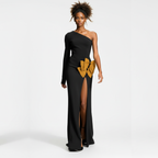 Black one-shoulder dress with a yellow bow detail on a white background