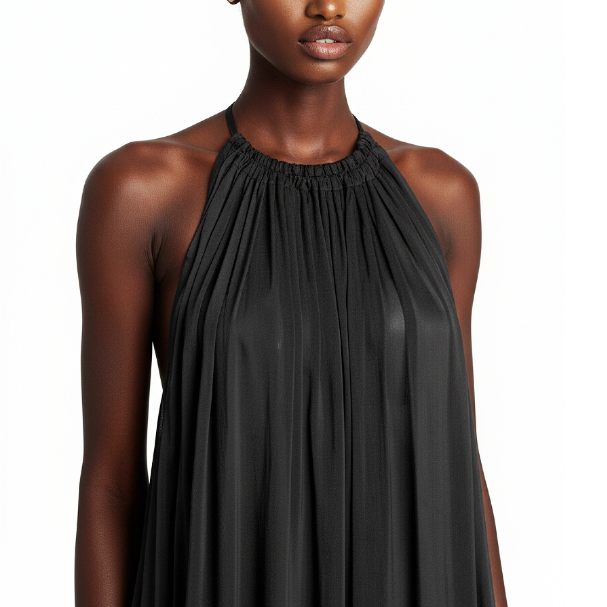 Black halter neck dress worn by a model on a white background