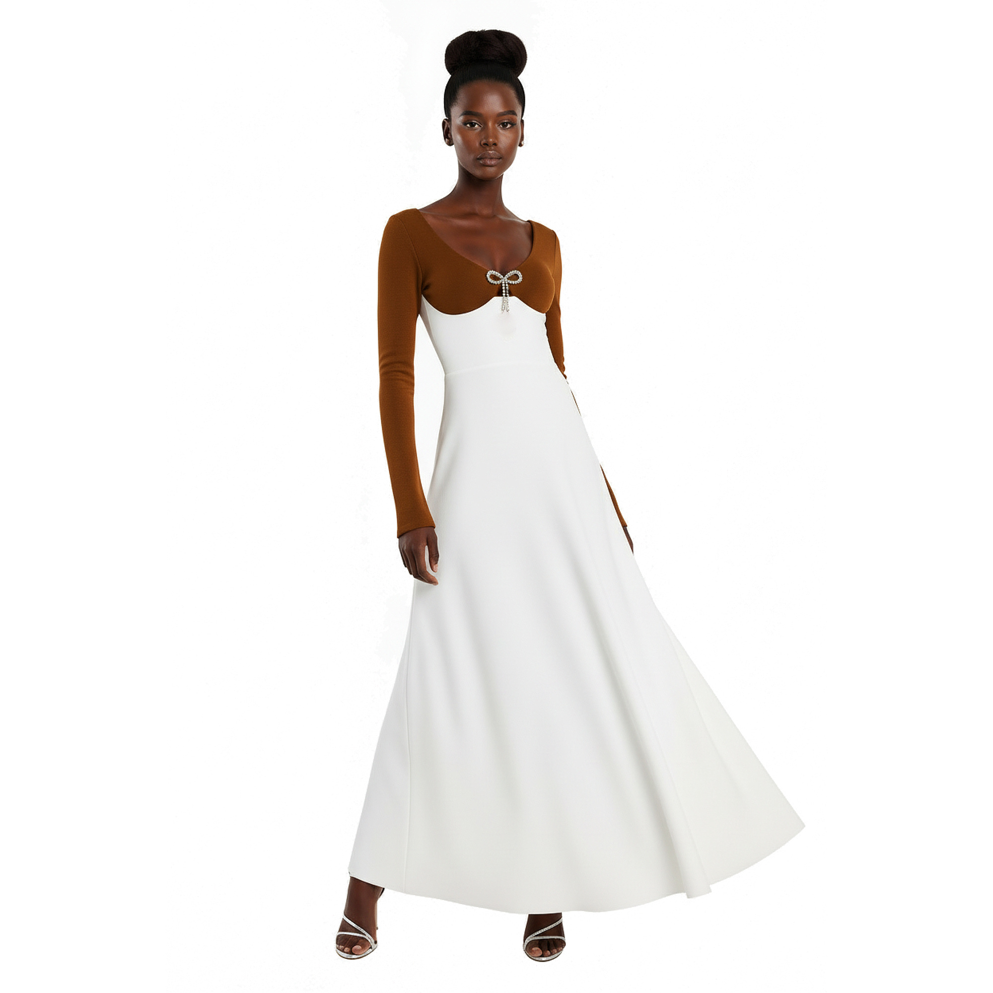 A model wearing  along with dress with a brown upper bodice and long sleeves