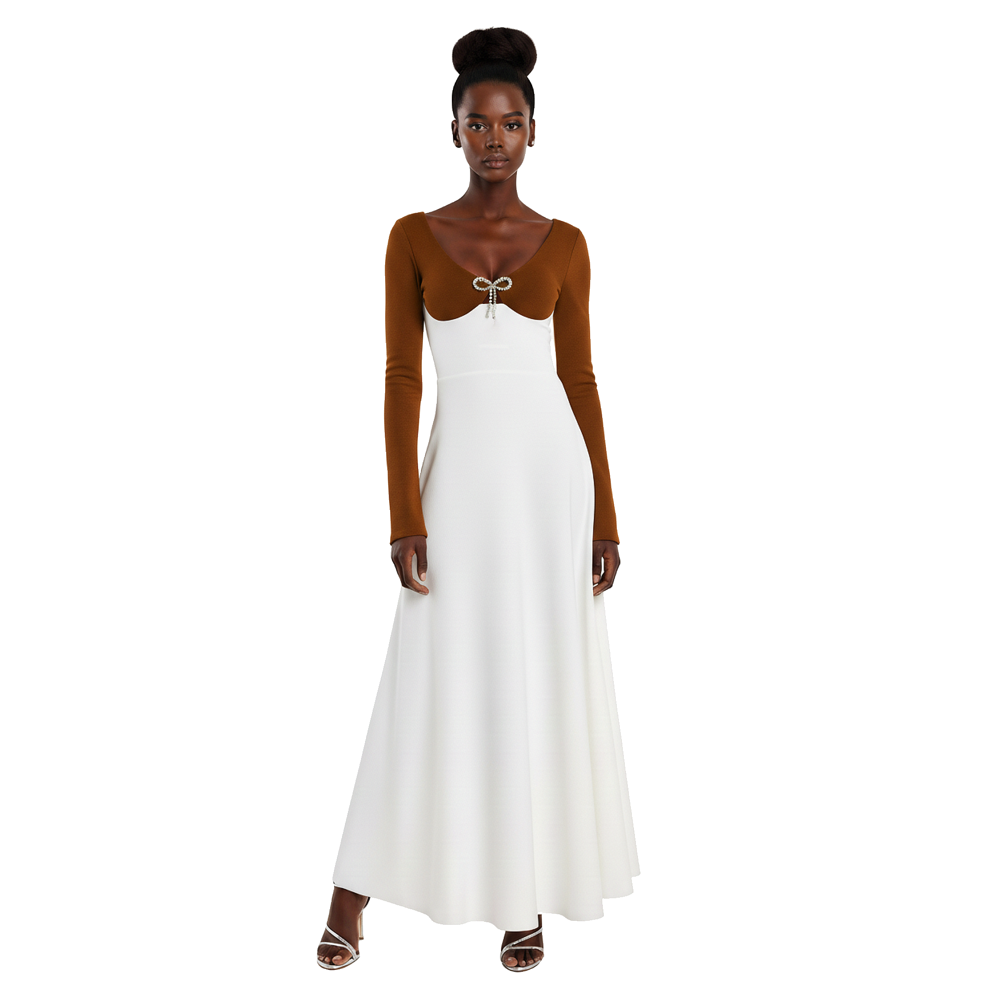 A model wearing  along with dress with a brown upper bodice and long sleeves