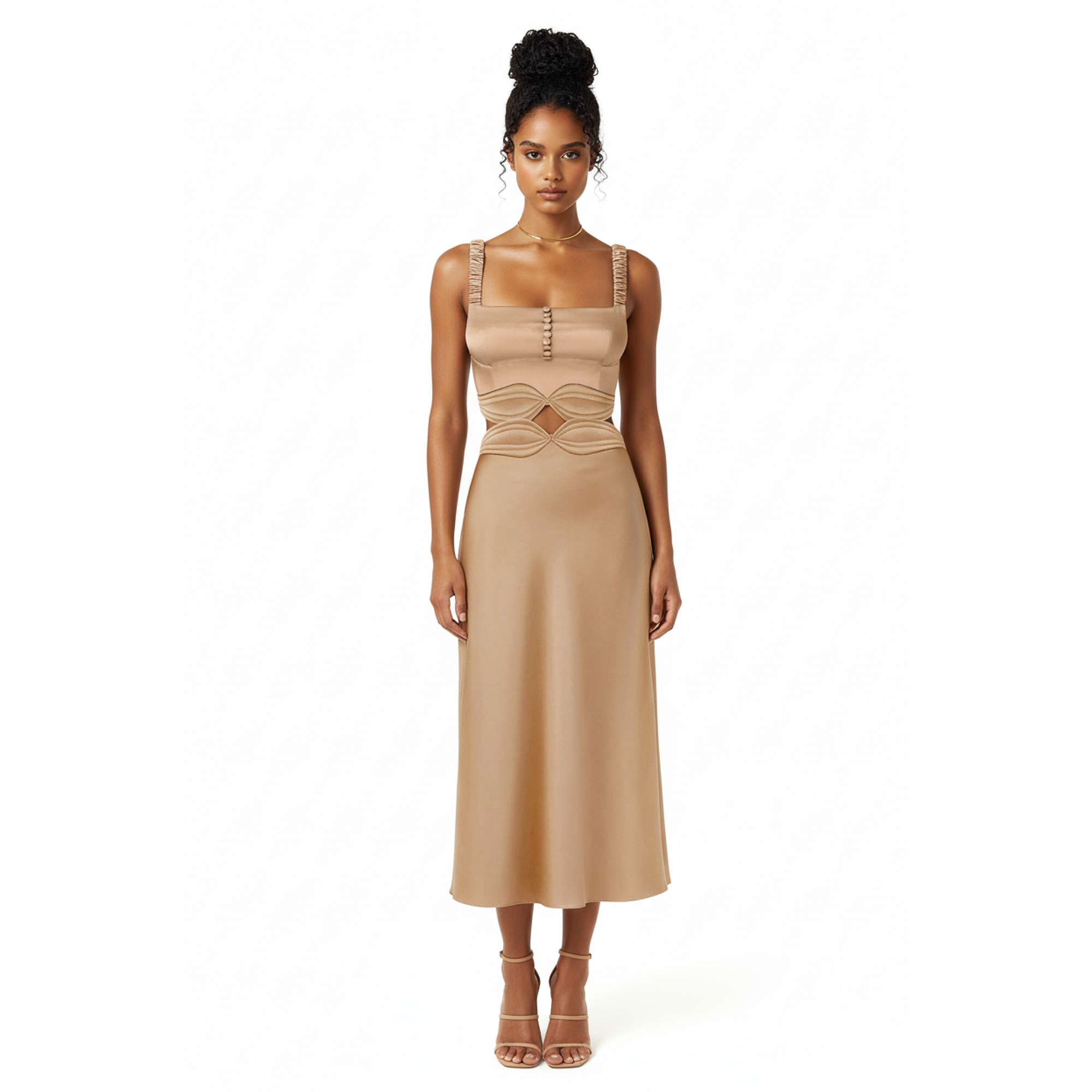 Woman wearing a beige dress on a white background