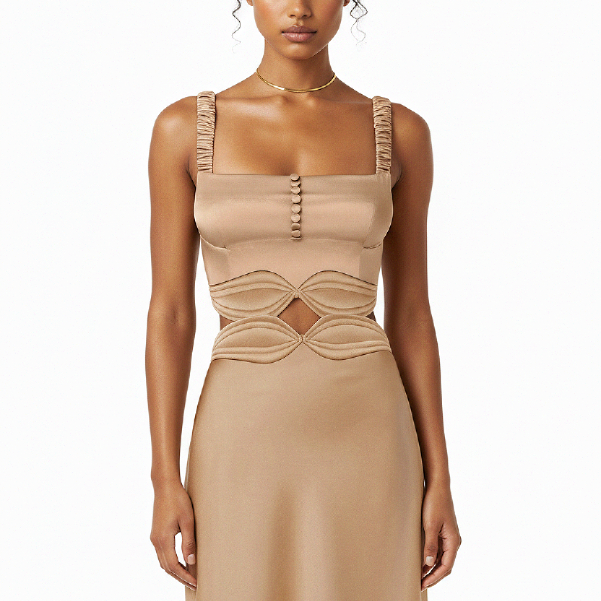 Beige dress with cut-out design on a white background