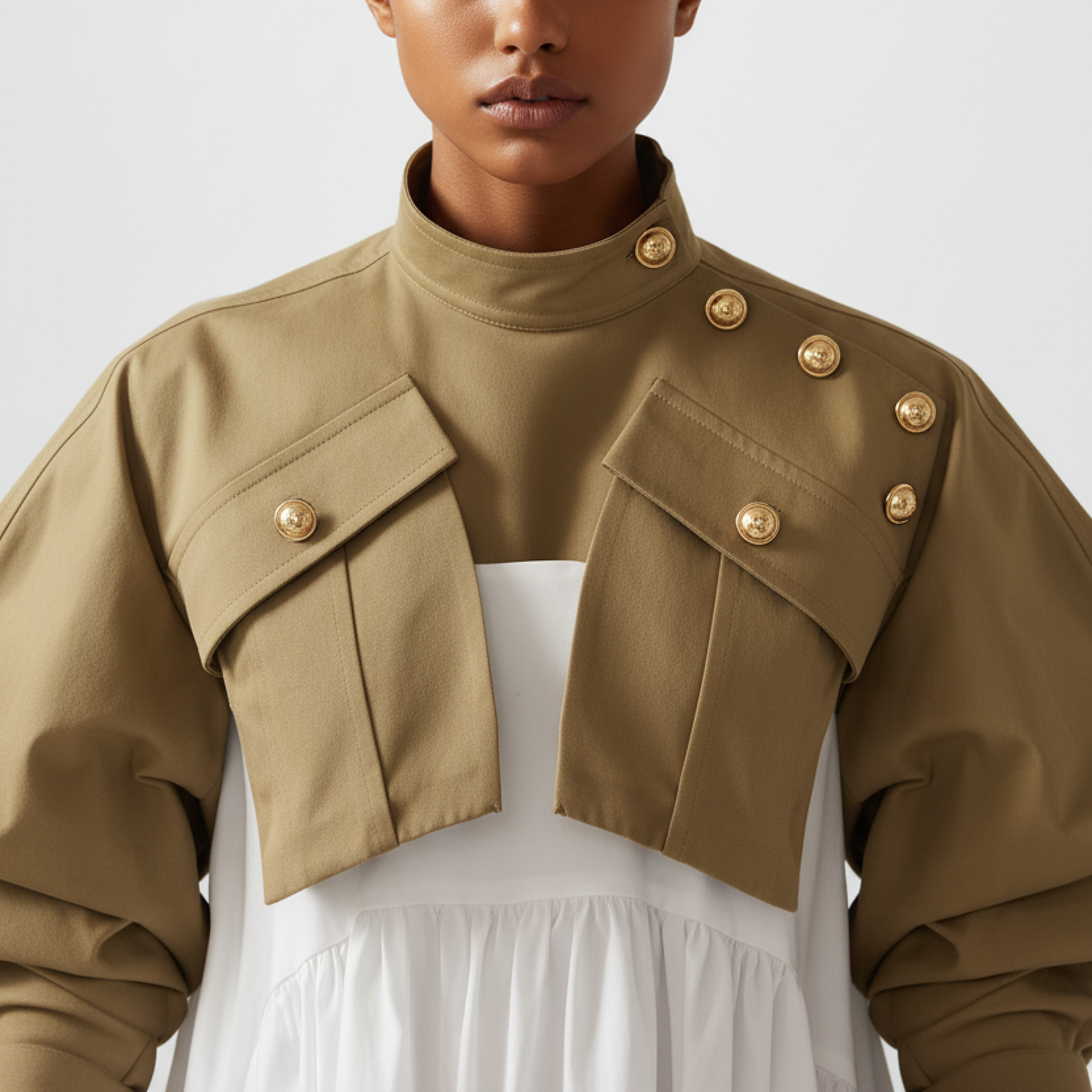 Person wearing a beige military-style jacket with gold buttons on a white background