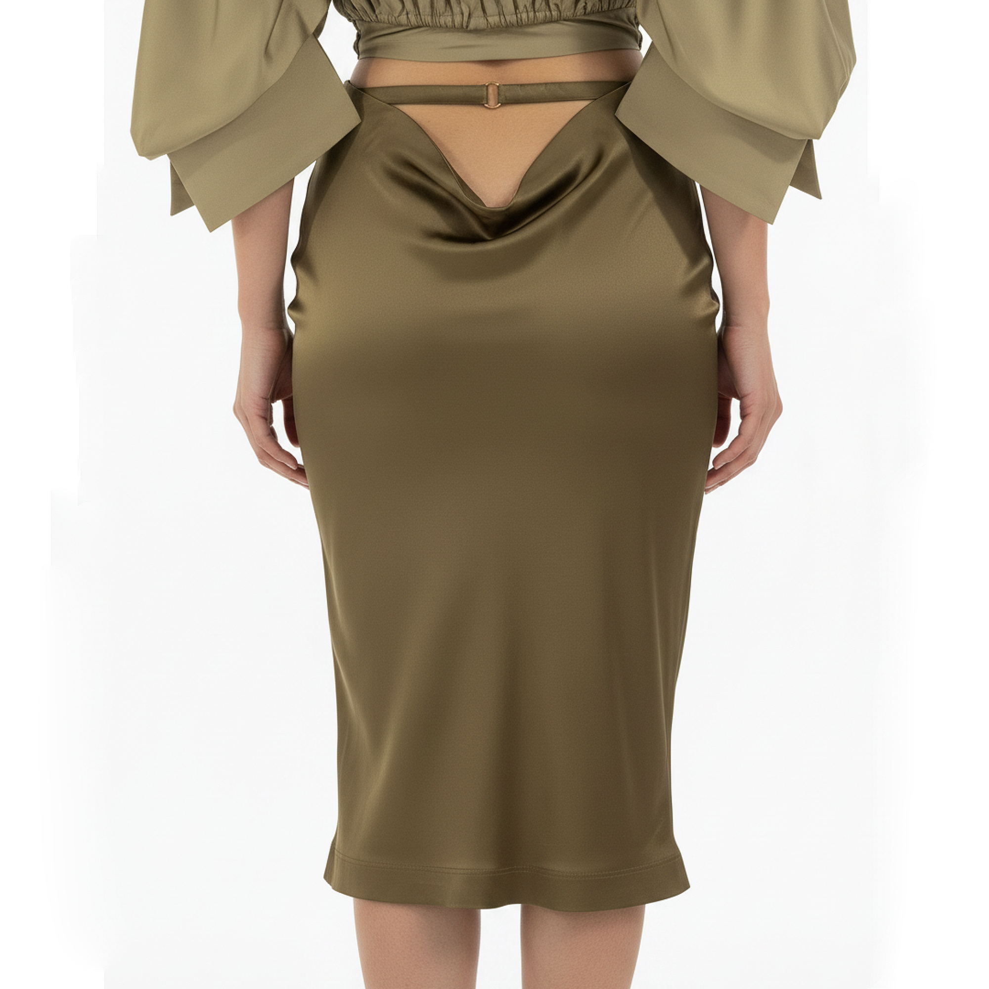 Person wearing a green skirt with a cutout design on a white background