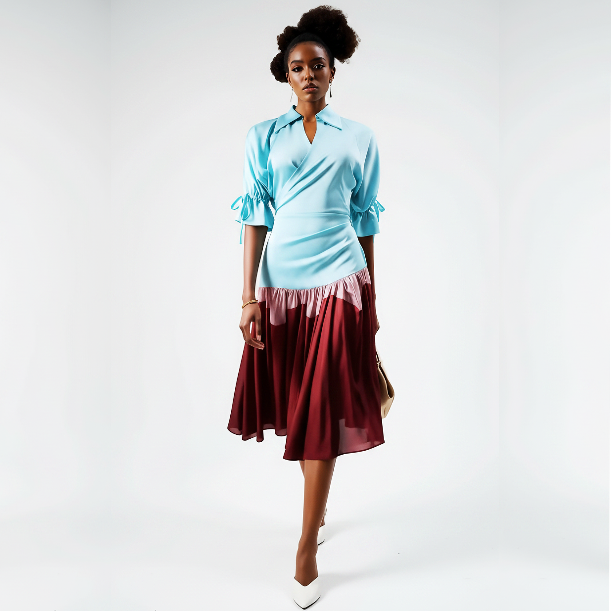 Woman wearing a light blue top and maroon skirt on a white background