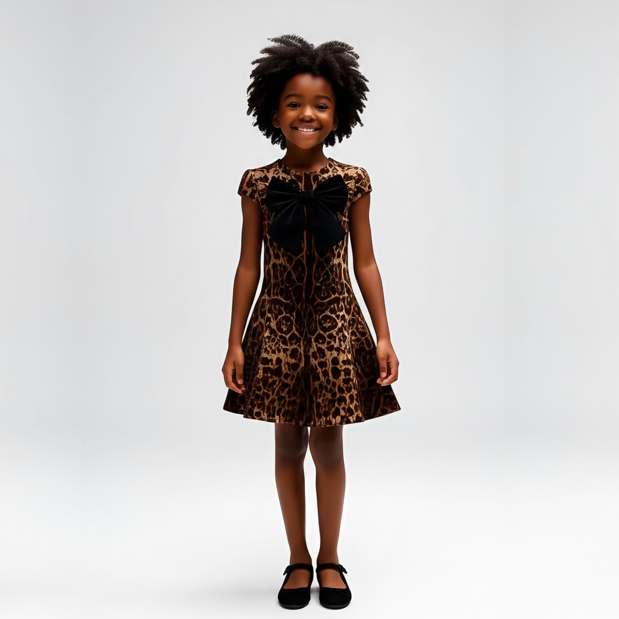 Child wearing a leopard print dress with a large black bow on a gray background