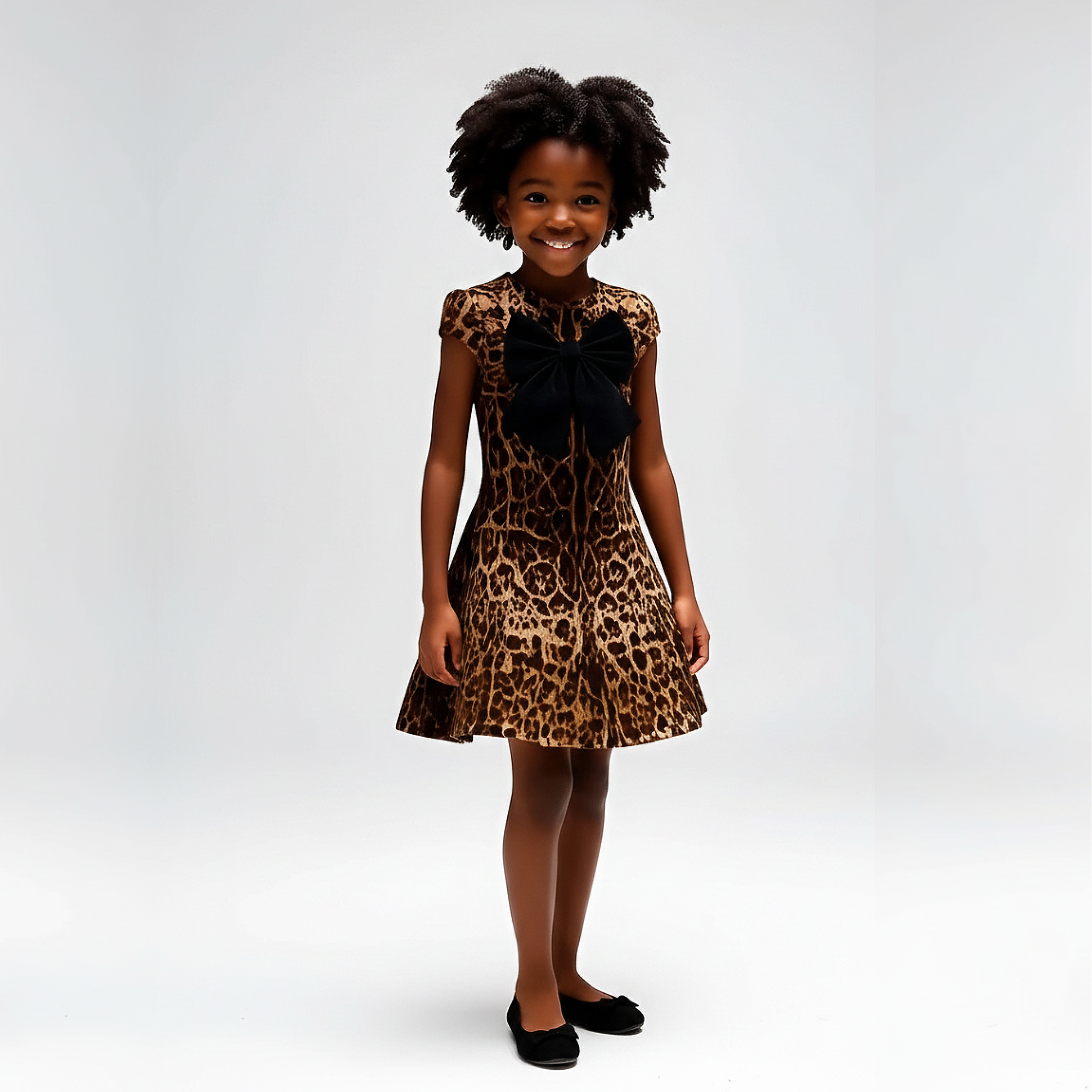 Child wearing a leopard print dress with a large black bow on a gray background