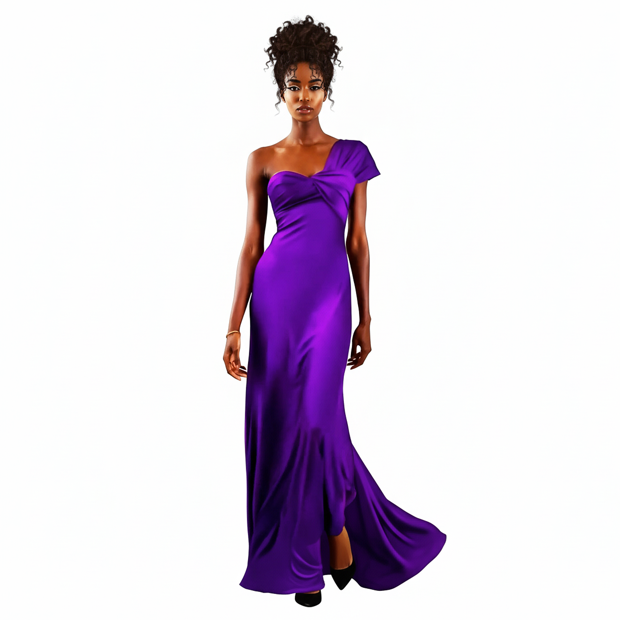 Woman wearing a purple one-shoulder gown on a white background