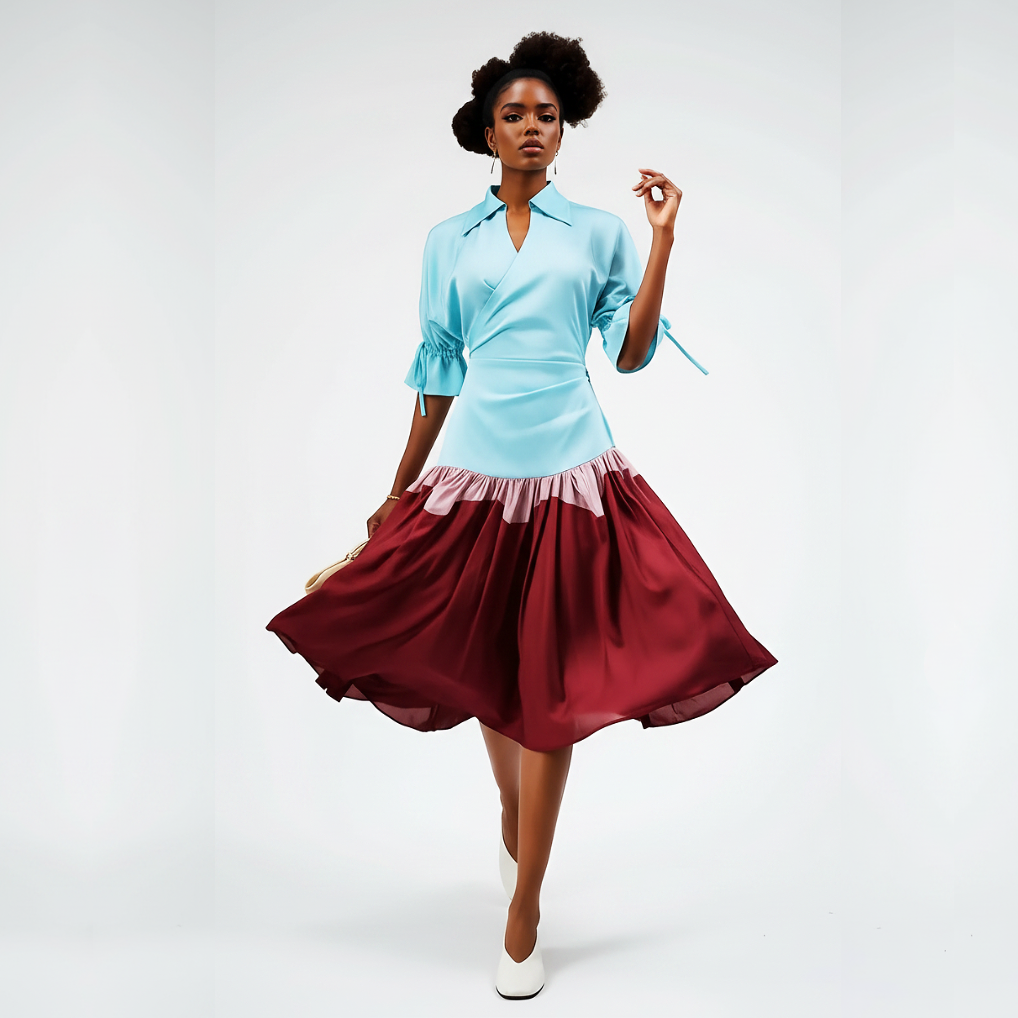 Woman wearing a light blue shirt and red skirt on a white background
