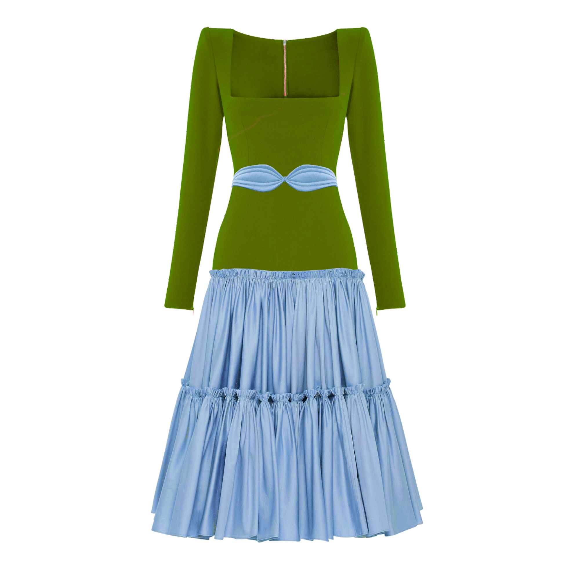 A Dress with a Green top with a square neckline and blue pleated skirt on a white background