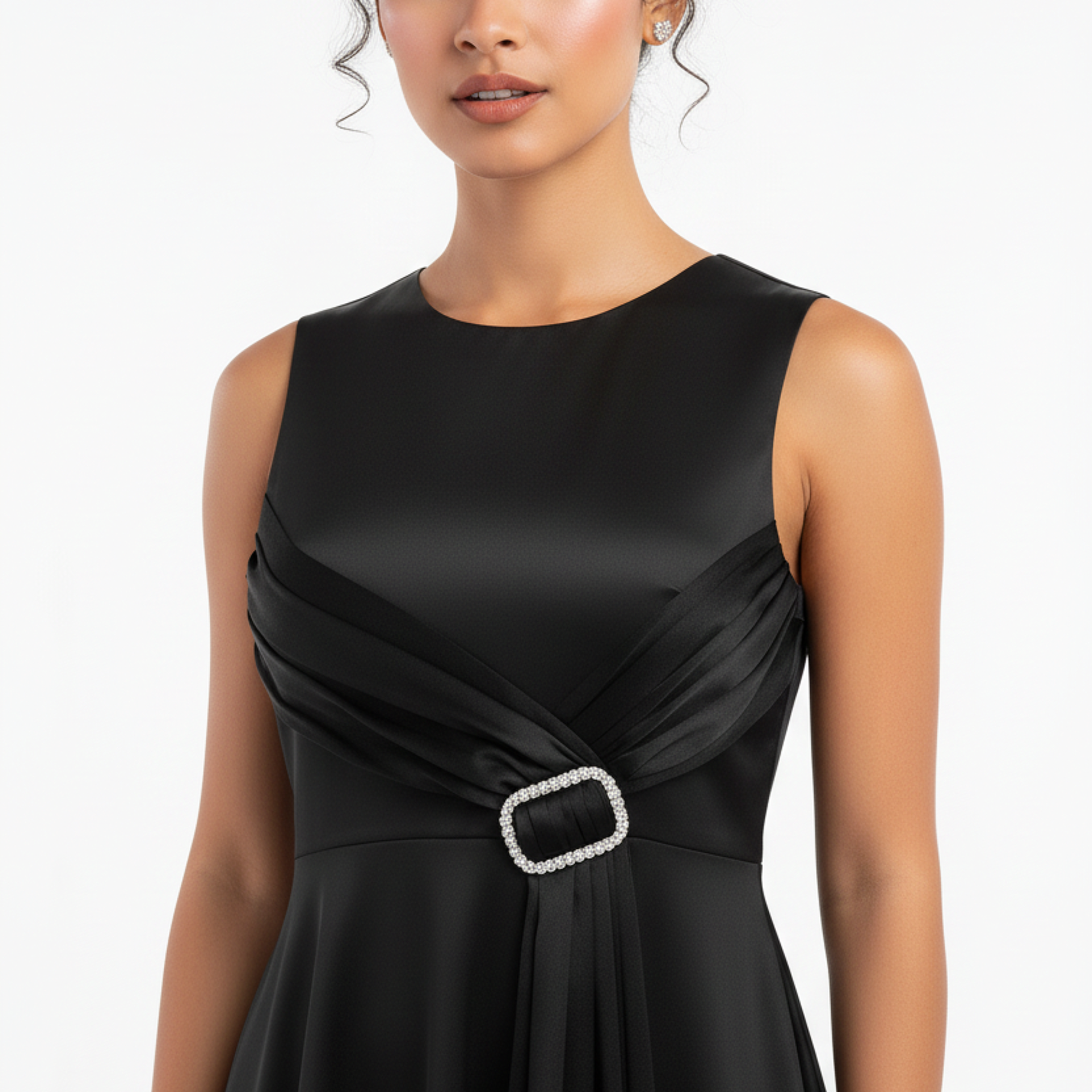 Glen Noir Crystal Buckle Tiered Midi Dress
