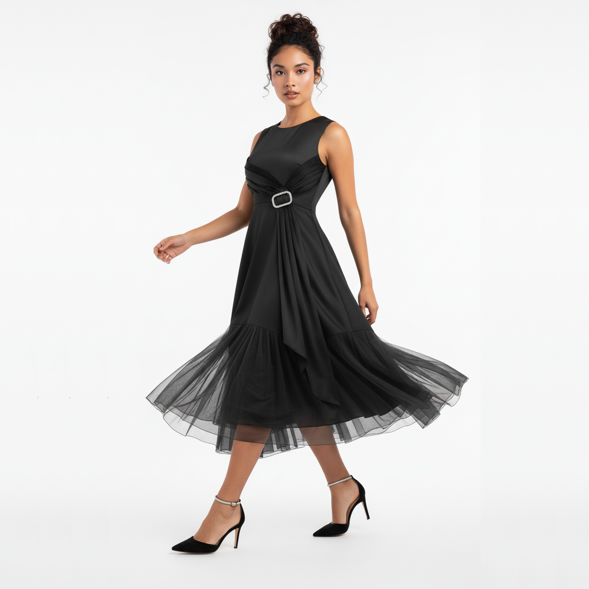 Glen Noir Crystal Buckle Tiered Midi Dress