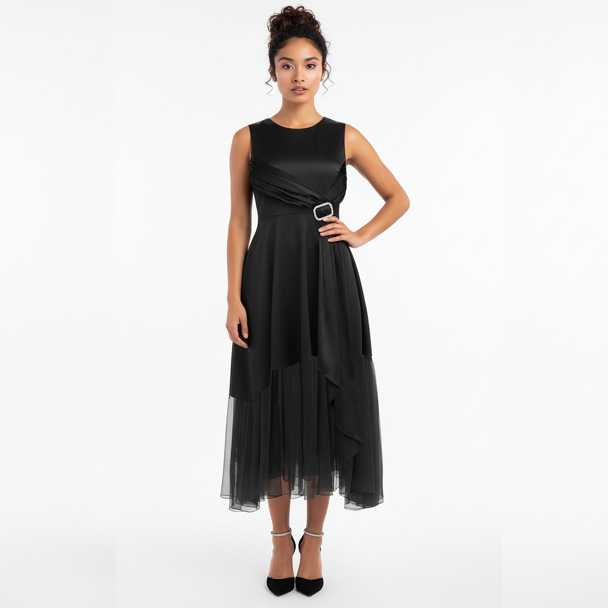 Glen Noir Crystal Buckle Tiered Midi Dress