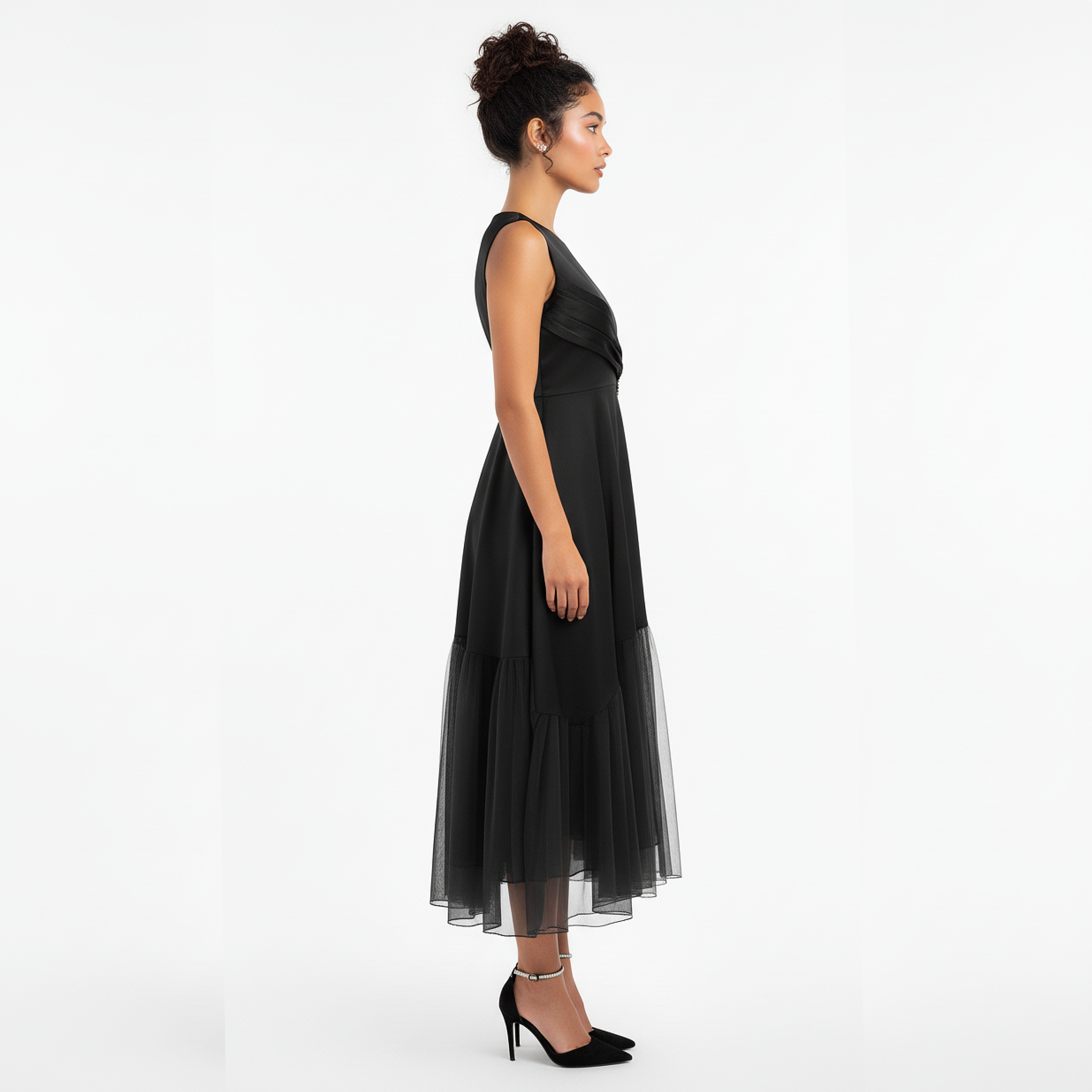 Glen Noir Crystal Buckle Tiered Midi Dress