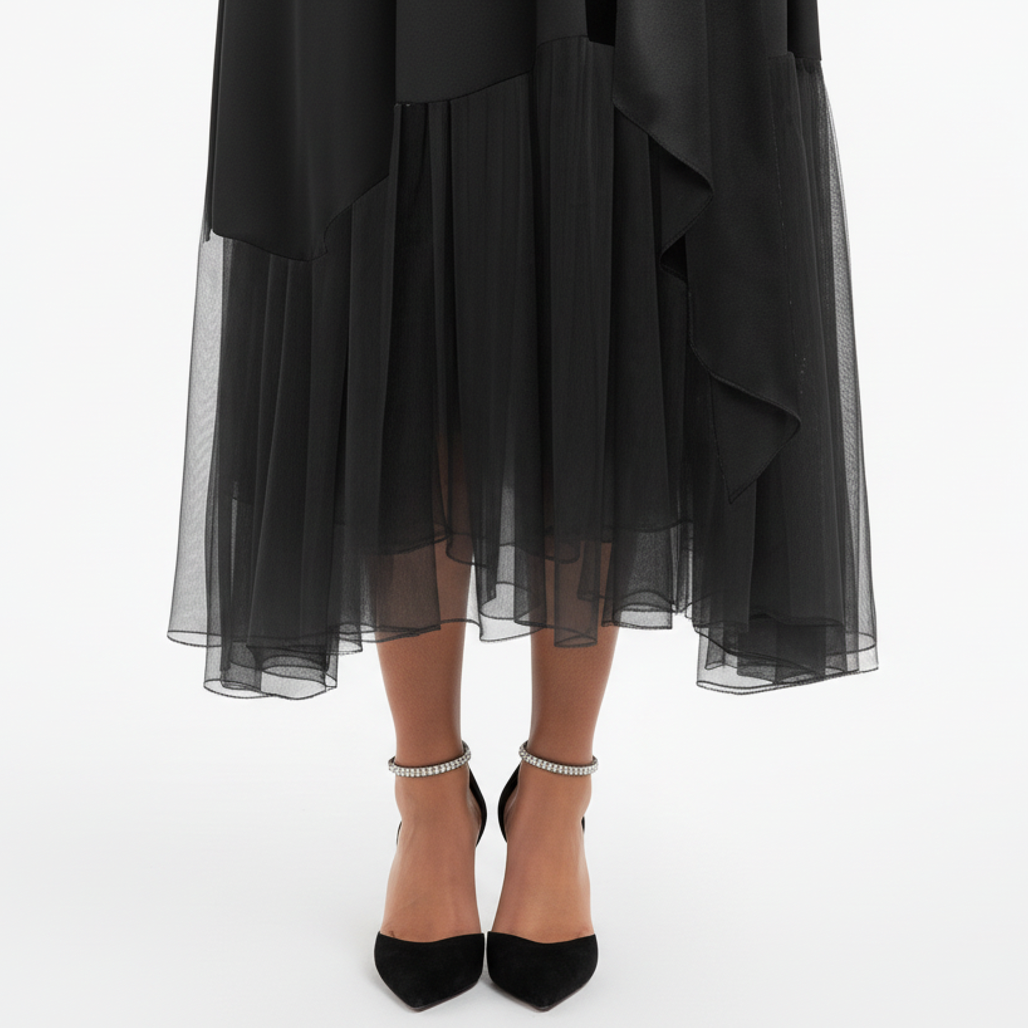 Glen Noir Crystal Buckle Tiered Midi Dress