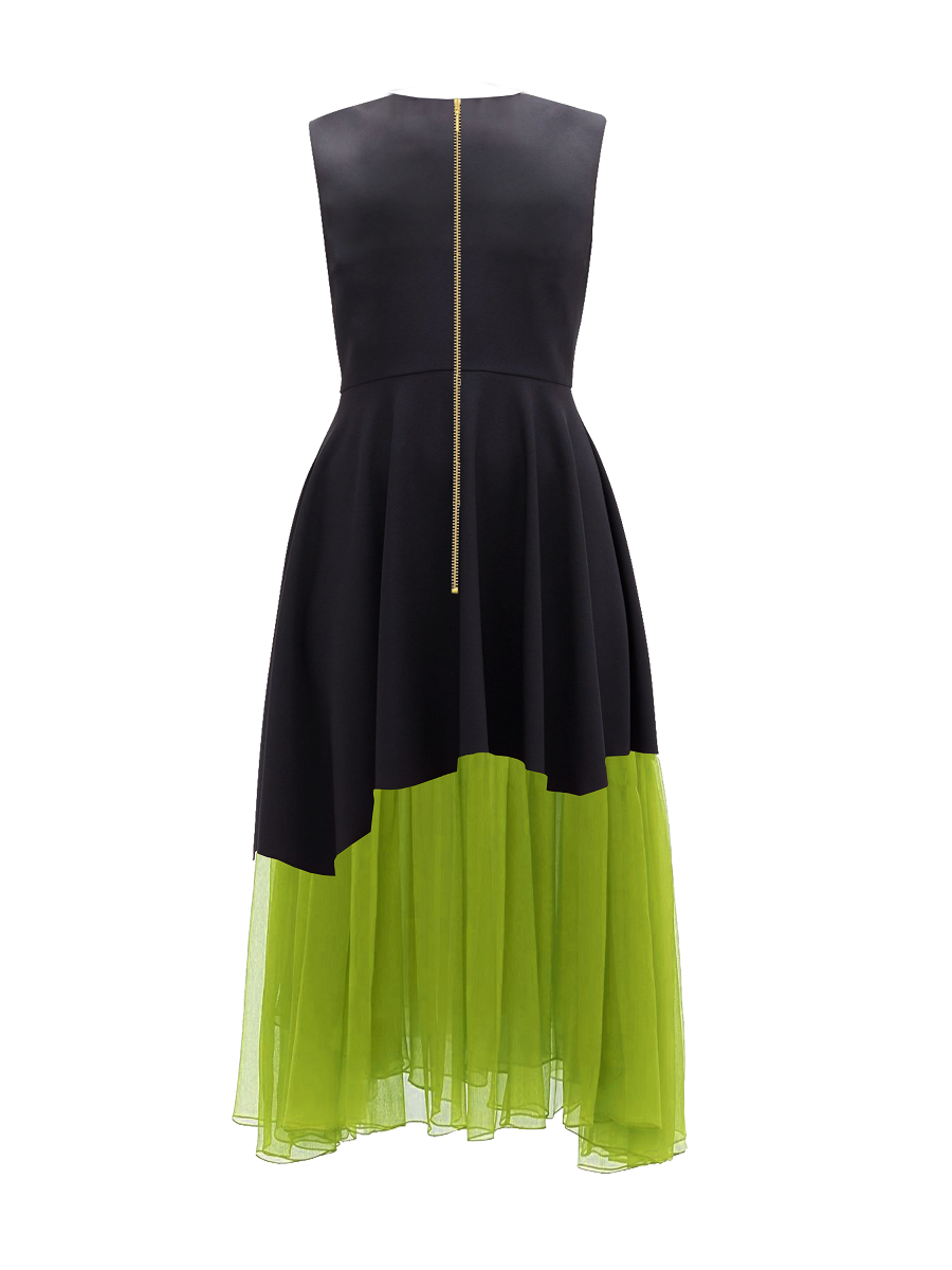 Black and green dress with a gold zipper on a white background