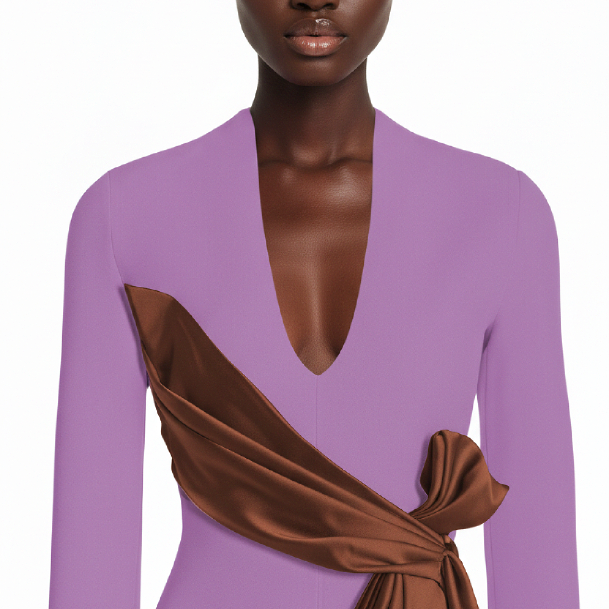 Purple dress with a brown sash worn by a model on a white background