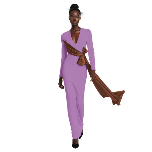 Model wearing a purple jumpsuit with a brown sash on a white background