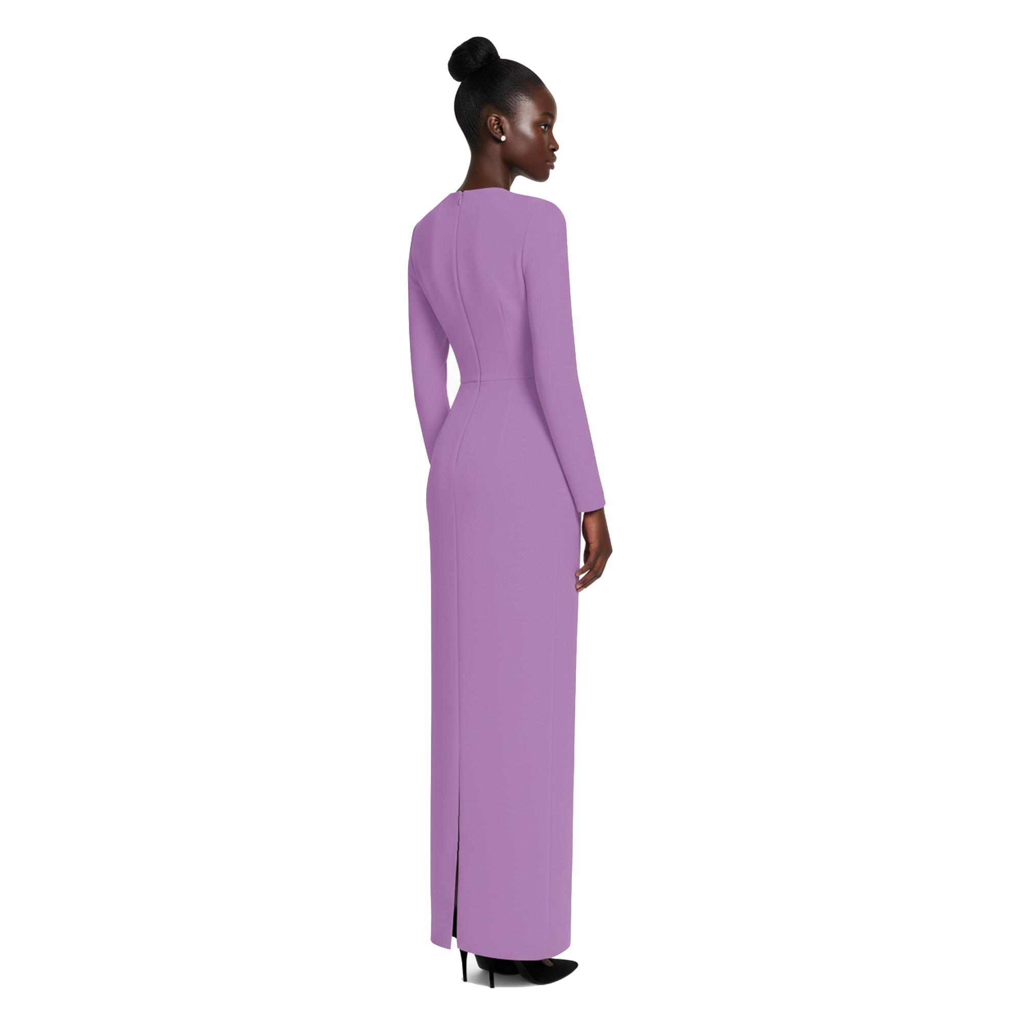 Woman wearing a long purple dress on a white background