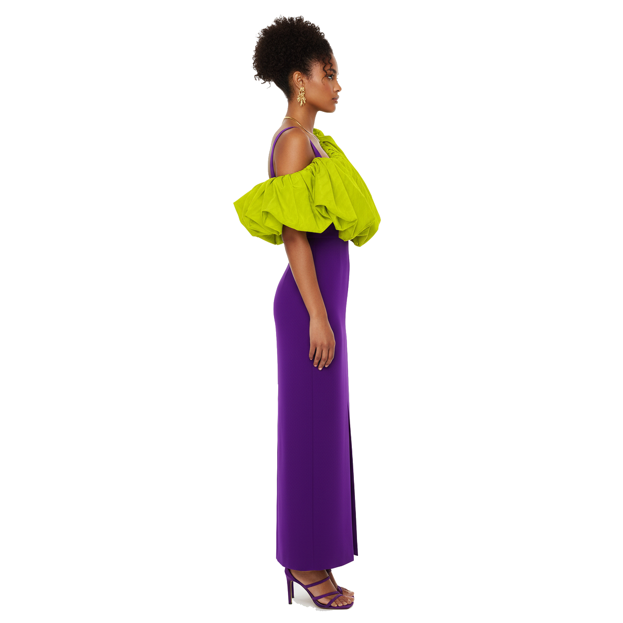 Woman wearing a bright green off-shoulder top and purple skirt on a white background