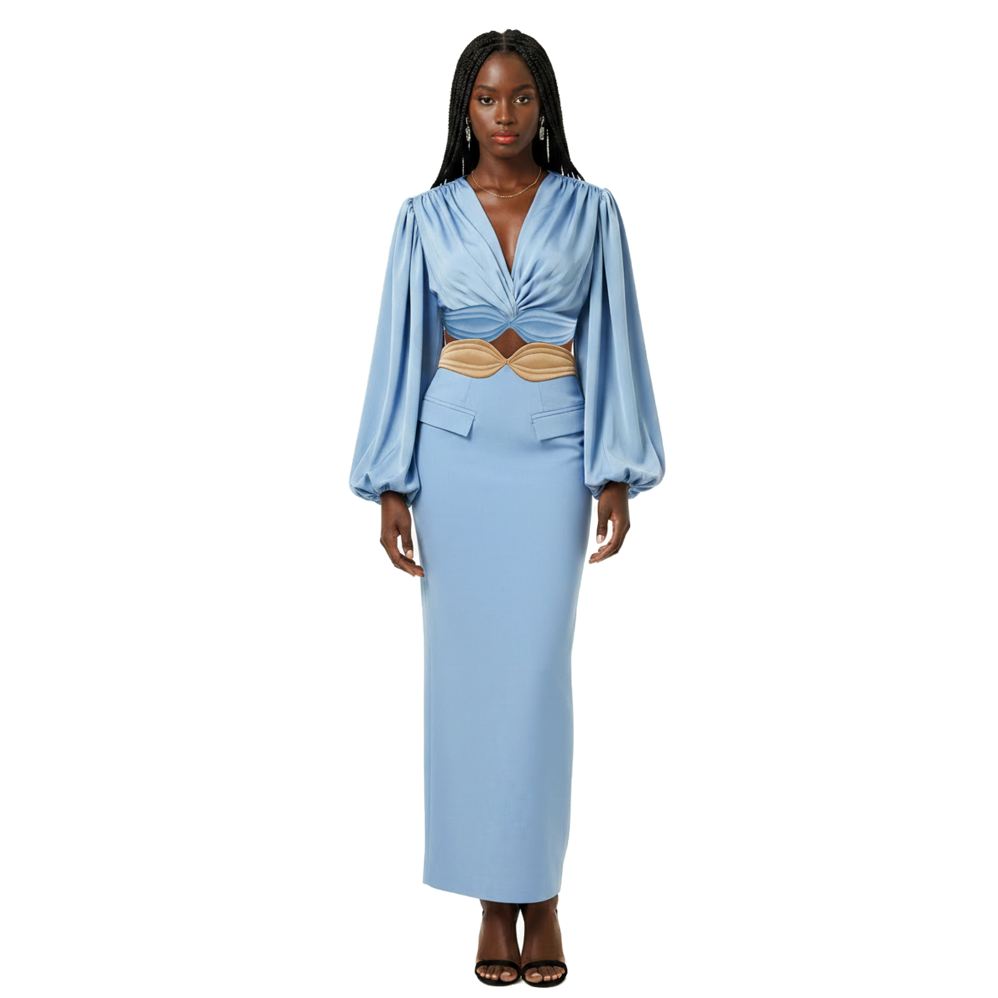 Woman wearing a light blue outfit with a matching top and skirt on a white background