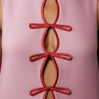 Pink sleeveless top with red bow designs on a plain background