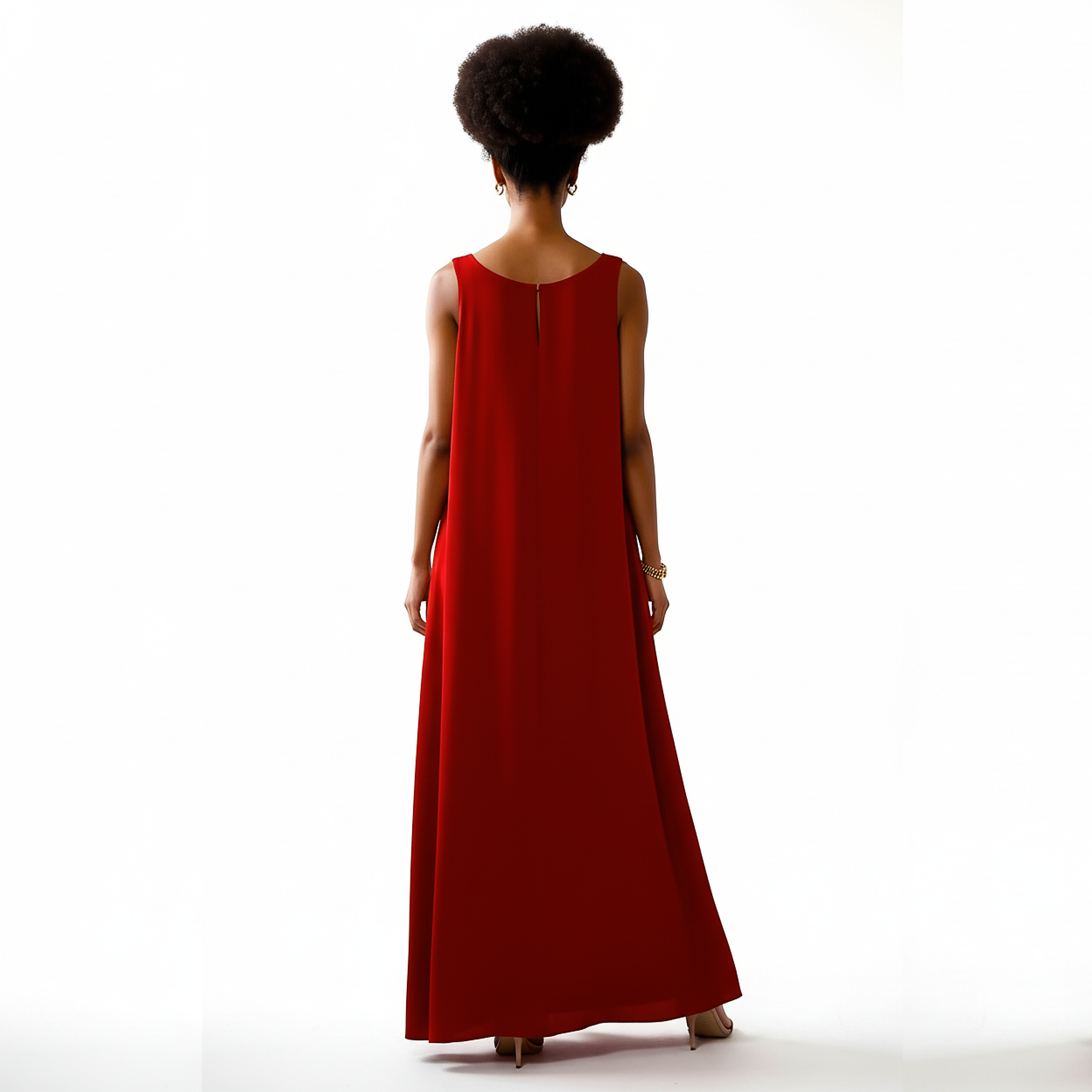 Person wearing a long red dress on a white background