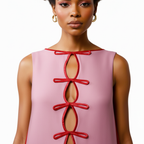 Woman wearing a pink dress with red lace-up details on a white background