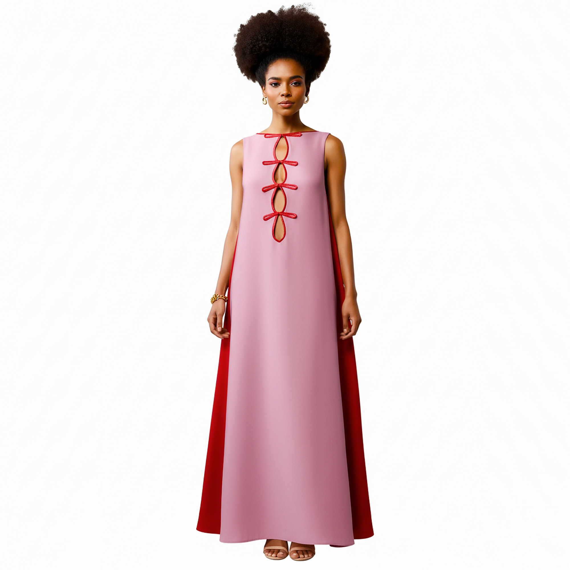 Woman wearing a pink dress with red accents on a white background