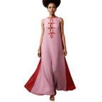 Woman wearing a pink dress with red accents on a white background