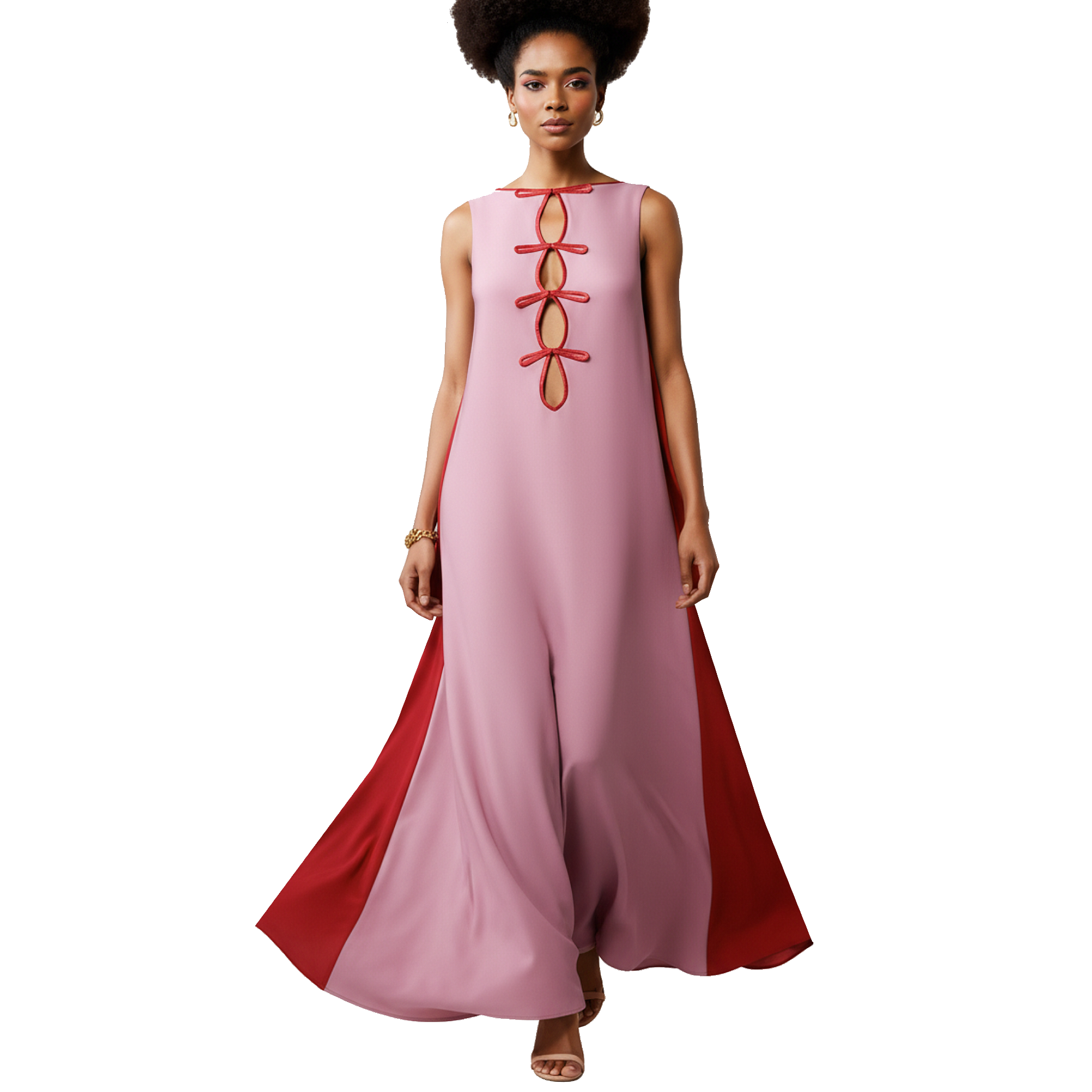 Woman wearing a pink dress with red accents on a white background