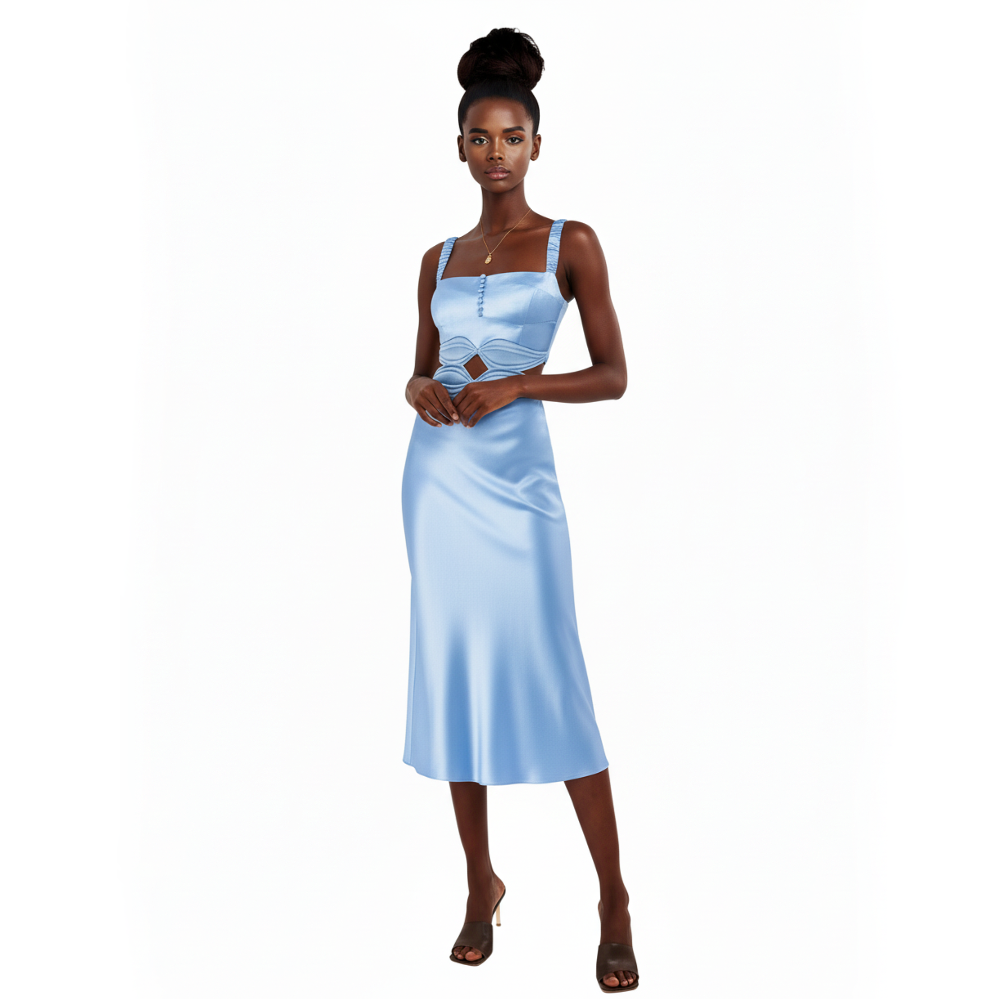 Woman wearing a light blue dress on a white background