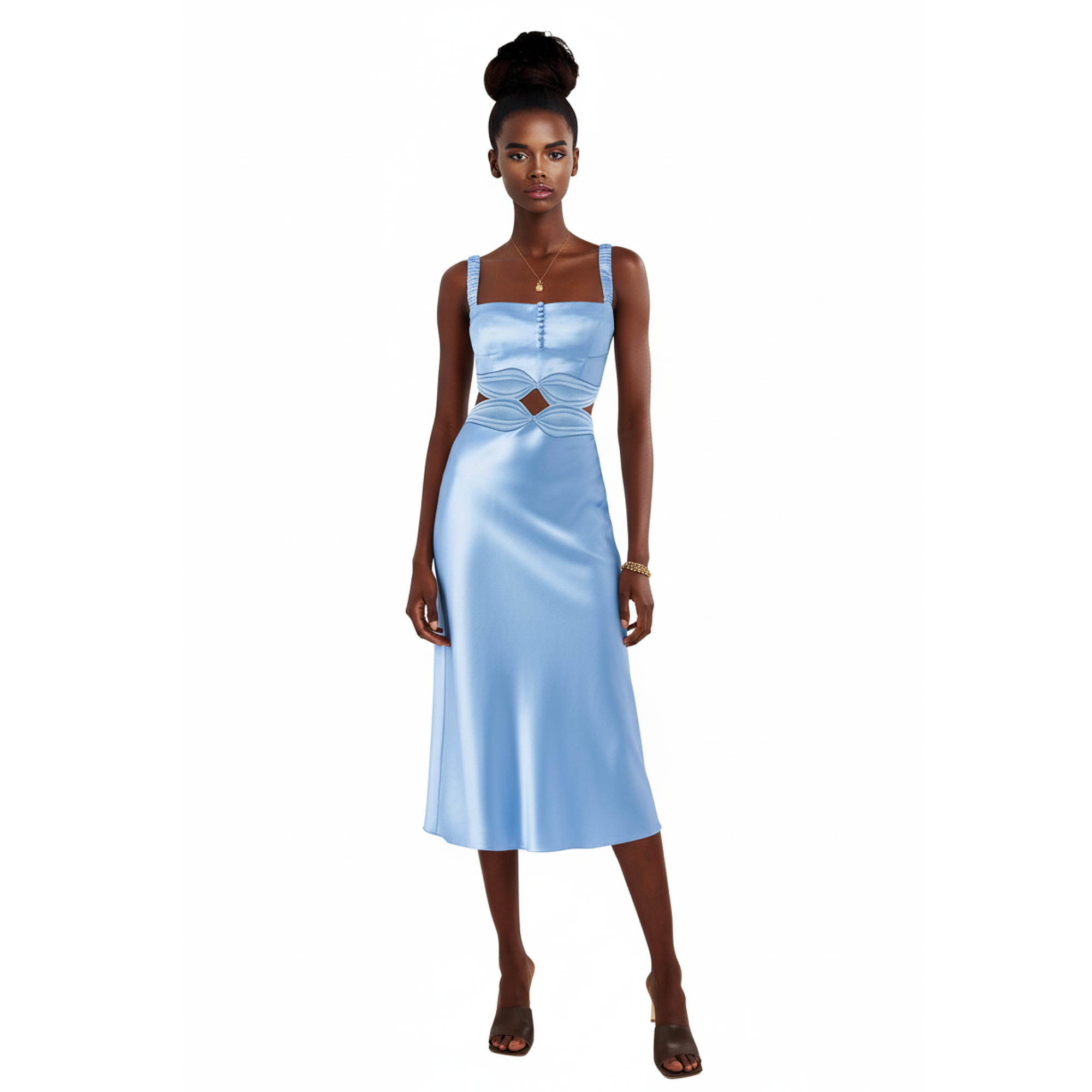 Woman wearing a light blue dress on a white background