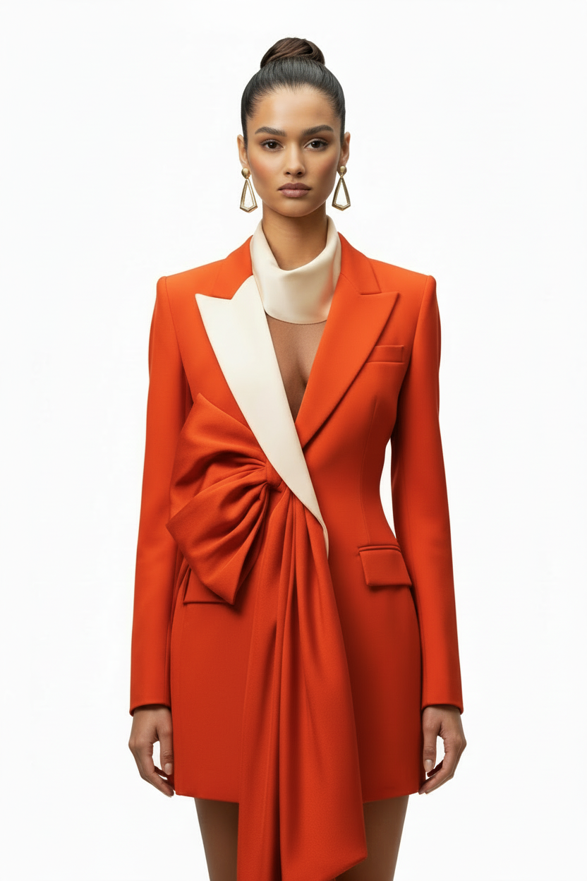 Woman wearing a bright orange blazer dress with a white collar on a white background