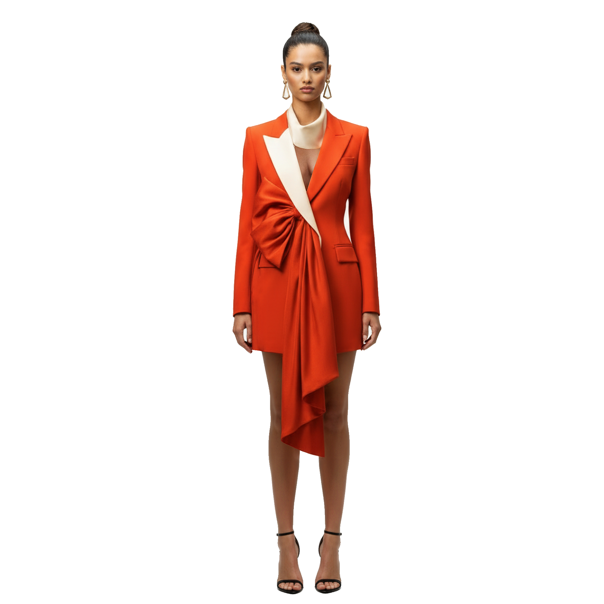 Woman wearing a bright orange blazer dress with a white collar on a white background