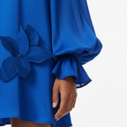 Blue dress with floral details and ruffled sleeves on a white background