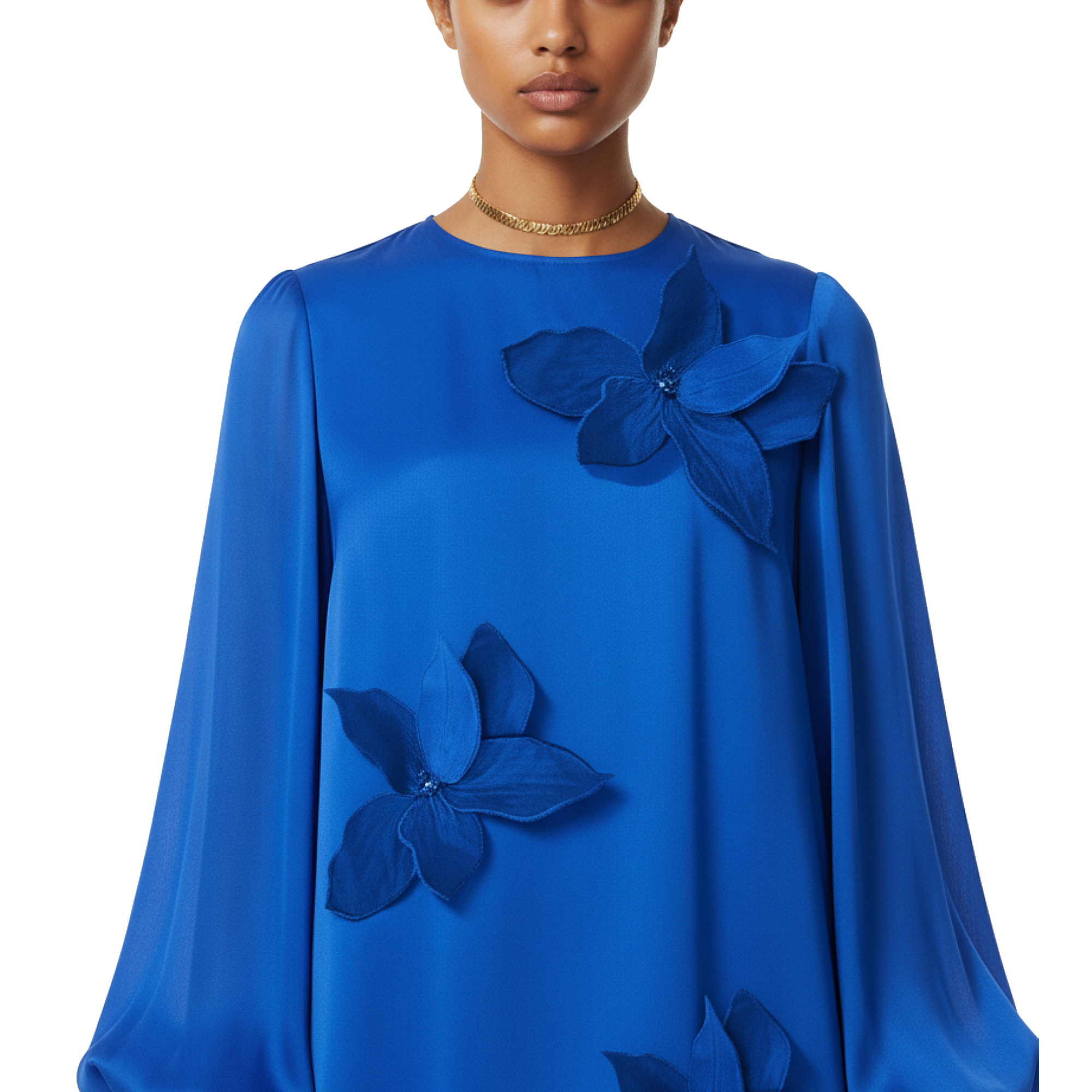 Blue dress with floral details worn by a model on a white background