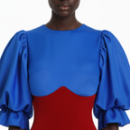 Woman wearing a blue and red dress with puffed sleeves on a white background