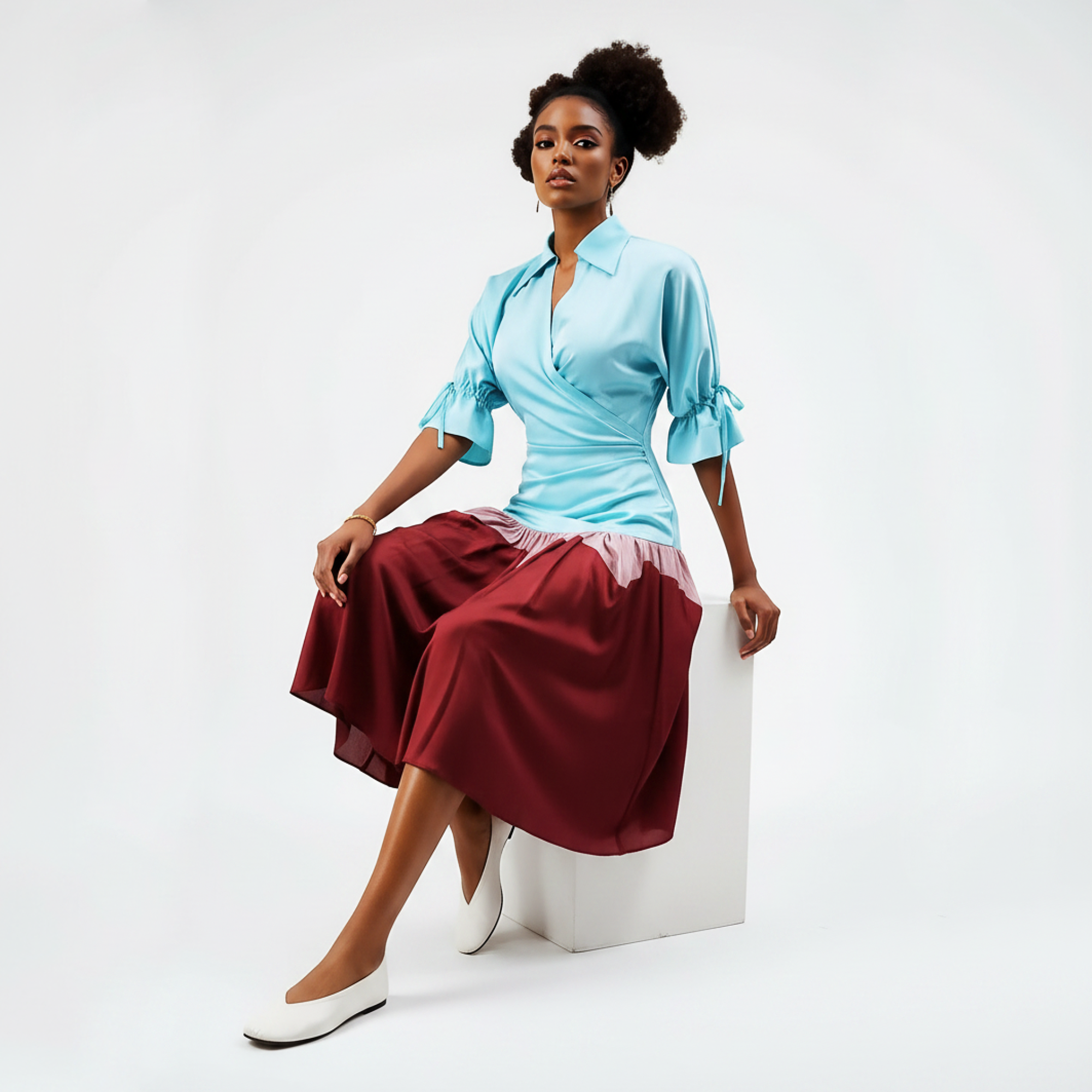 Woman wearing a light blue blouse and red skirt sitting on a white block against a white background