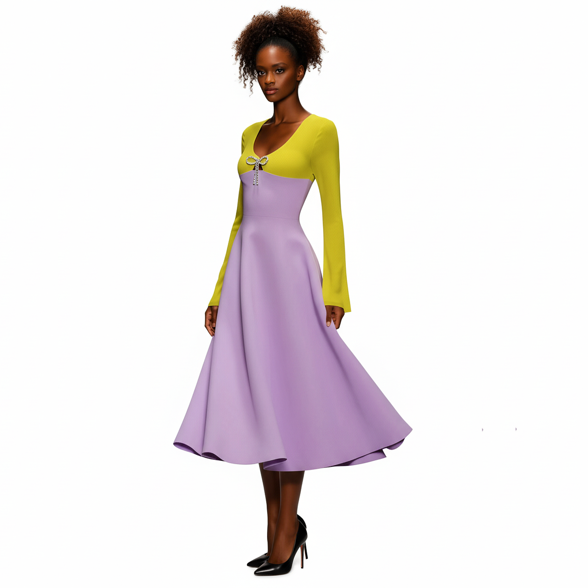 A model wearing  along with purple dress with a green upper bodice and long sleeves