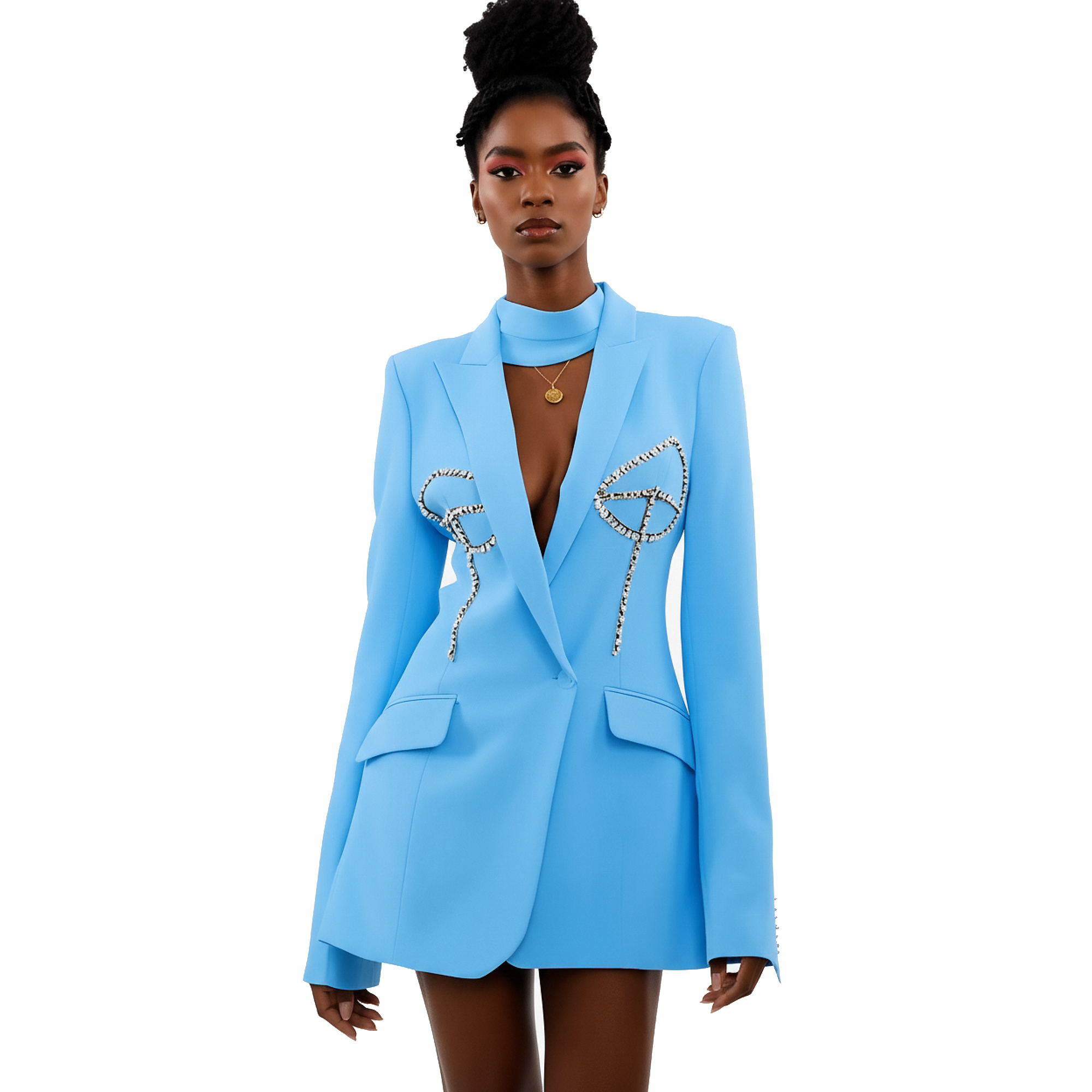 Woman wearing a light blue blazer with decorative elements on a white background