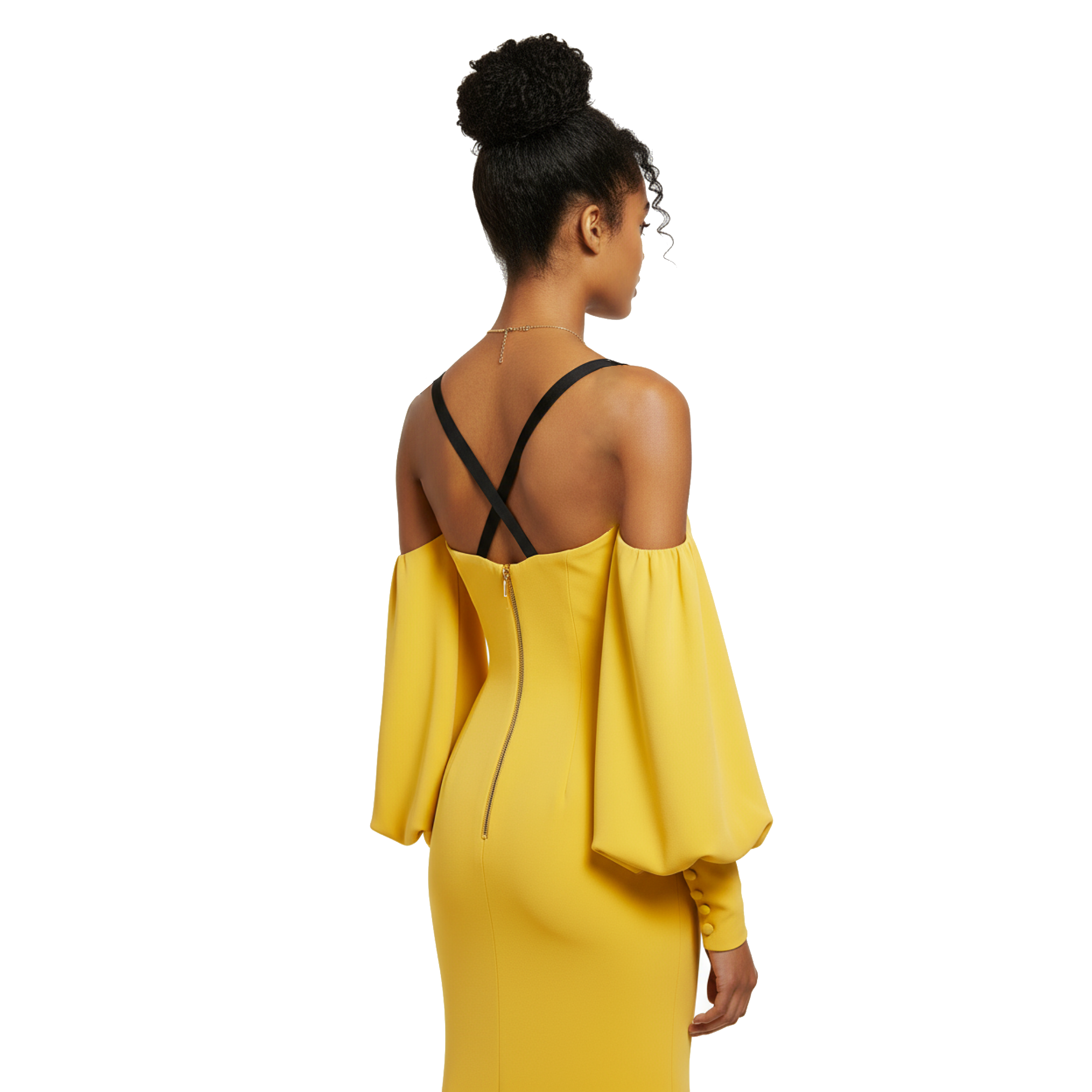Woman wearing a yellow dress with black straps on a white background