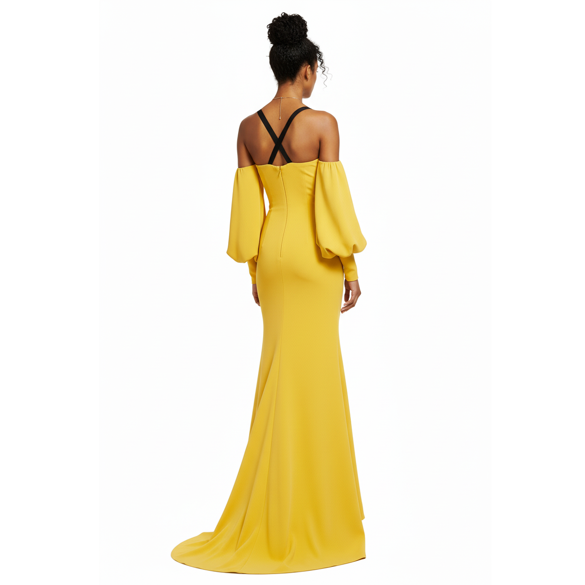 Yellow evening gown with cut-out back on a white background